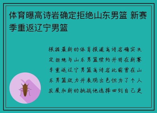 体育曝高诗岩确定拒绝山东男篮 新赛季重返辽宁男篮