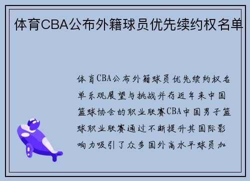 体育CBA公布外籍球员优先续约权名单